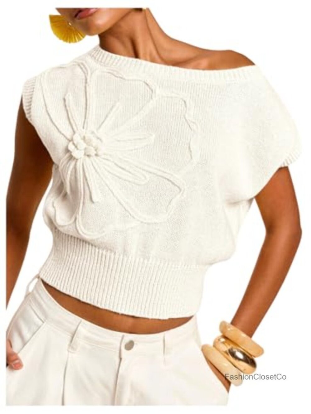 Cropped Off Shoulder Knit Sweater Vest - Short Sleeve Asymmetrical Pullover